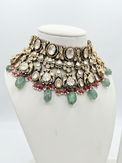 Royal Kundan & Polki Choker Set with Mint Green Drops and Matching Earrings