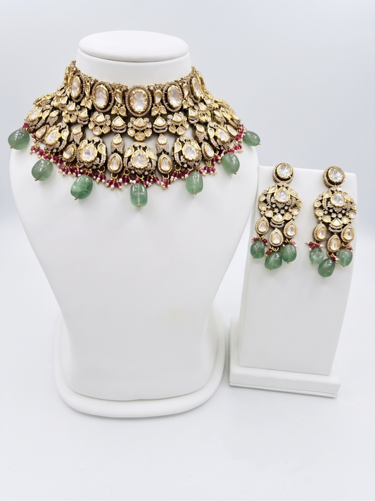 Royal Kundan & Polki Choker Set with Mint Green Drops and Matching Earrings