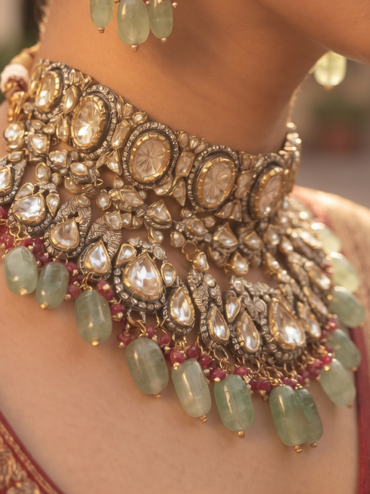Royal Kundan & Polki Choker Set with Mint Green Drops and Matching Earrings