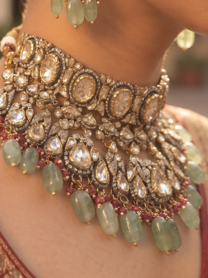 Royal Kundan & Polki Choker Set with Mint Green Drops and Matching Earrings