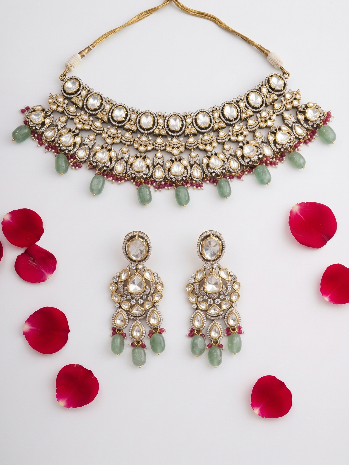 Royal Kundan & Polki Choker Set with Mint Green Drops and Matching Earrings
