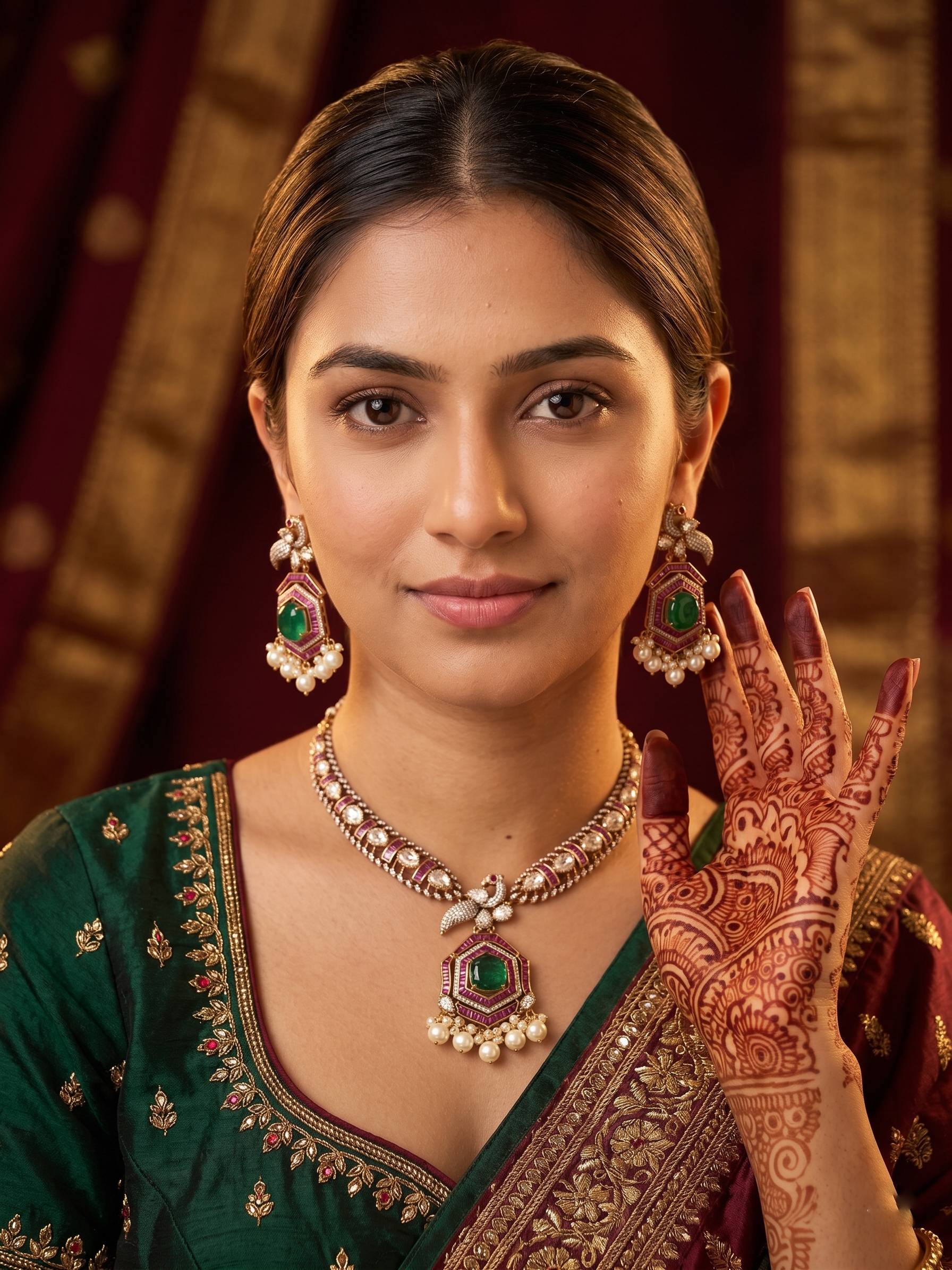 Woman in traditional attire with jewelry and henna, against a warm-toned background