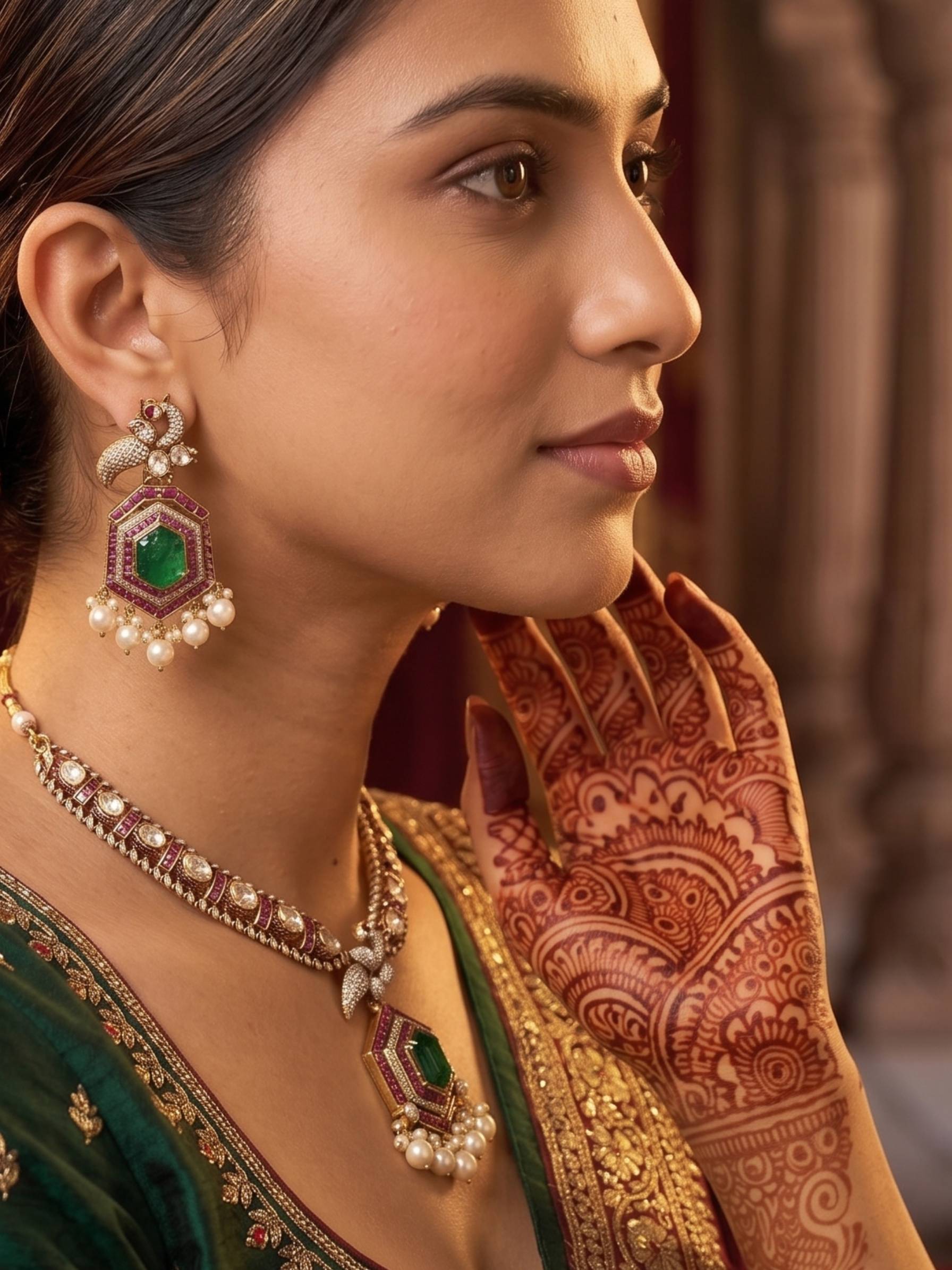 Woman wearing traditional jewelry with a blurred background