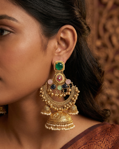 Vintage Gold Plated Jhumka Earrings - Traditional Antique Jhumki Design