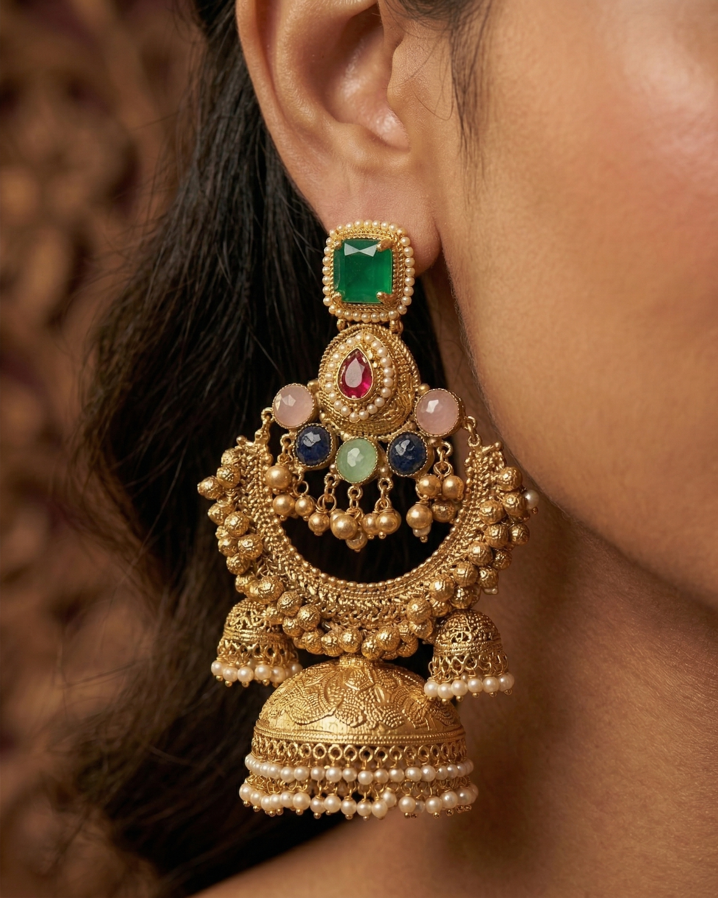 Vintage Gold Plated Jhumka Earrings - Traditional Antique Jhumki Design