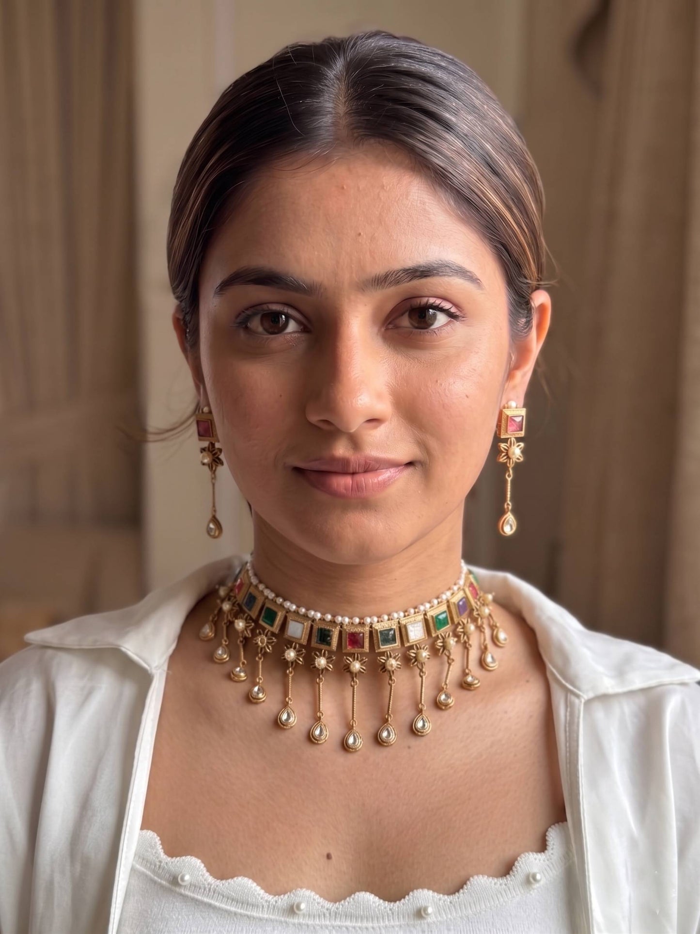 Oxidized German silver-look Amrapali neckpiece with a sturdy choker frame and adjustable black thread closure