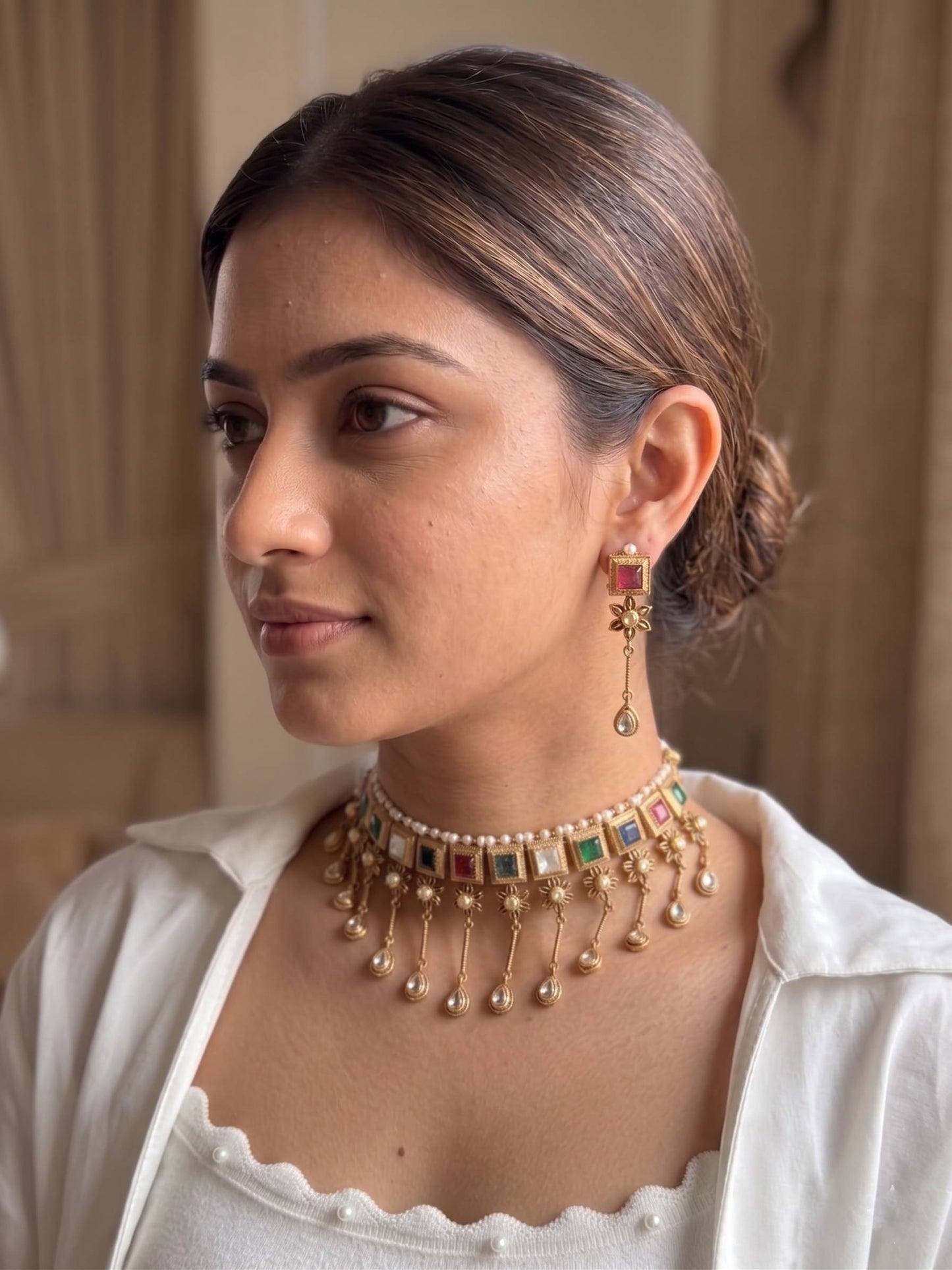 Oxidized German silver-look Amrapali neckpiece with a sturdy choker frame and adjustable black thread closure