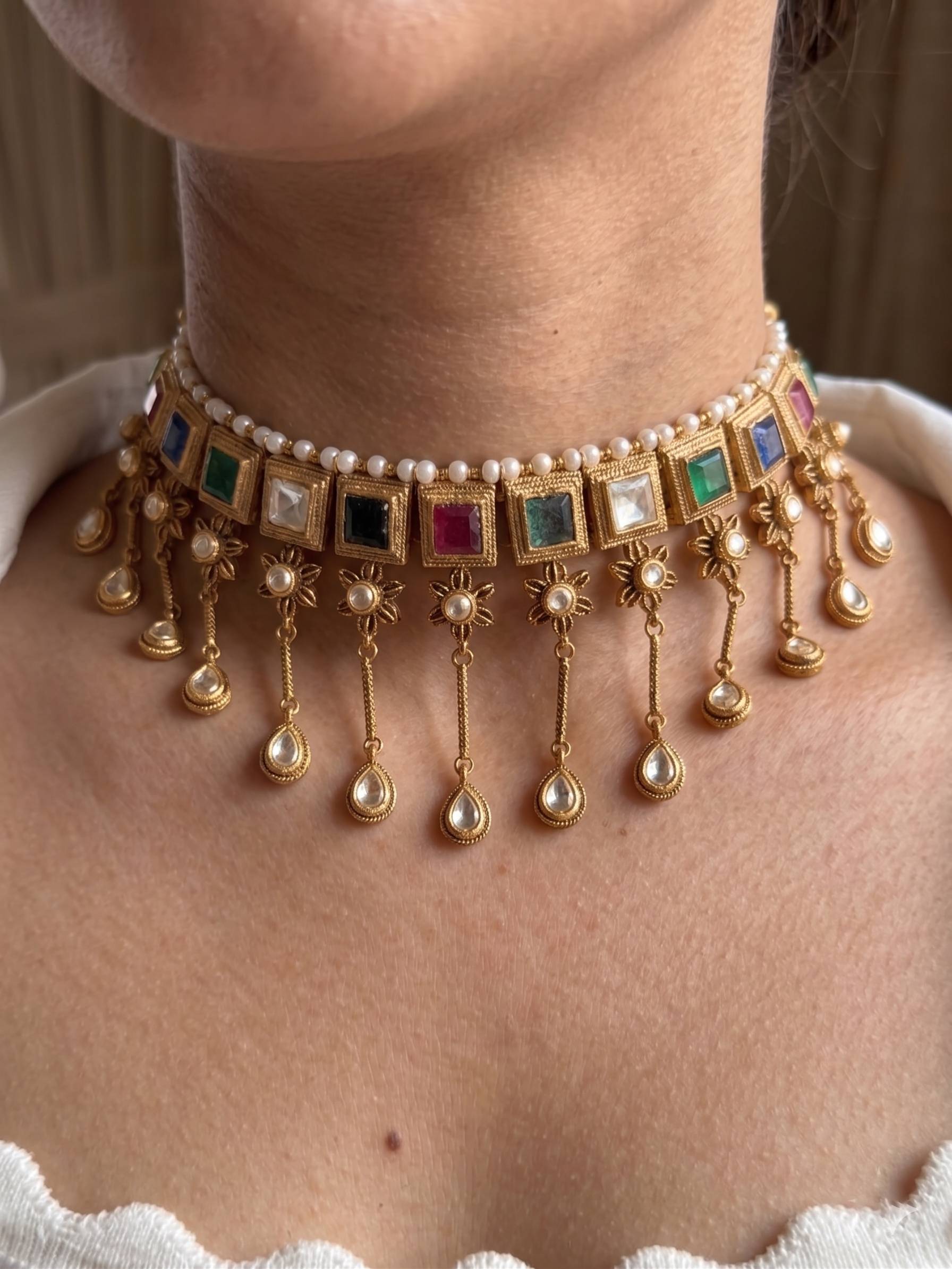 Oxidized German silver-look Amrapali neckpiece with a sturdy choker frame and adjustable black thread closure