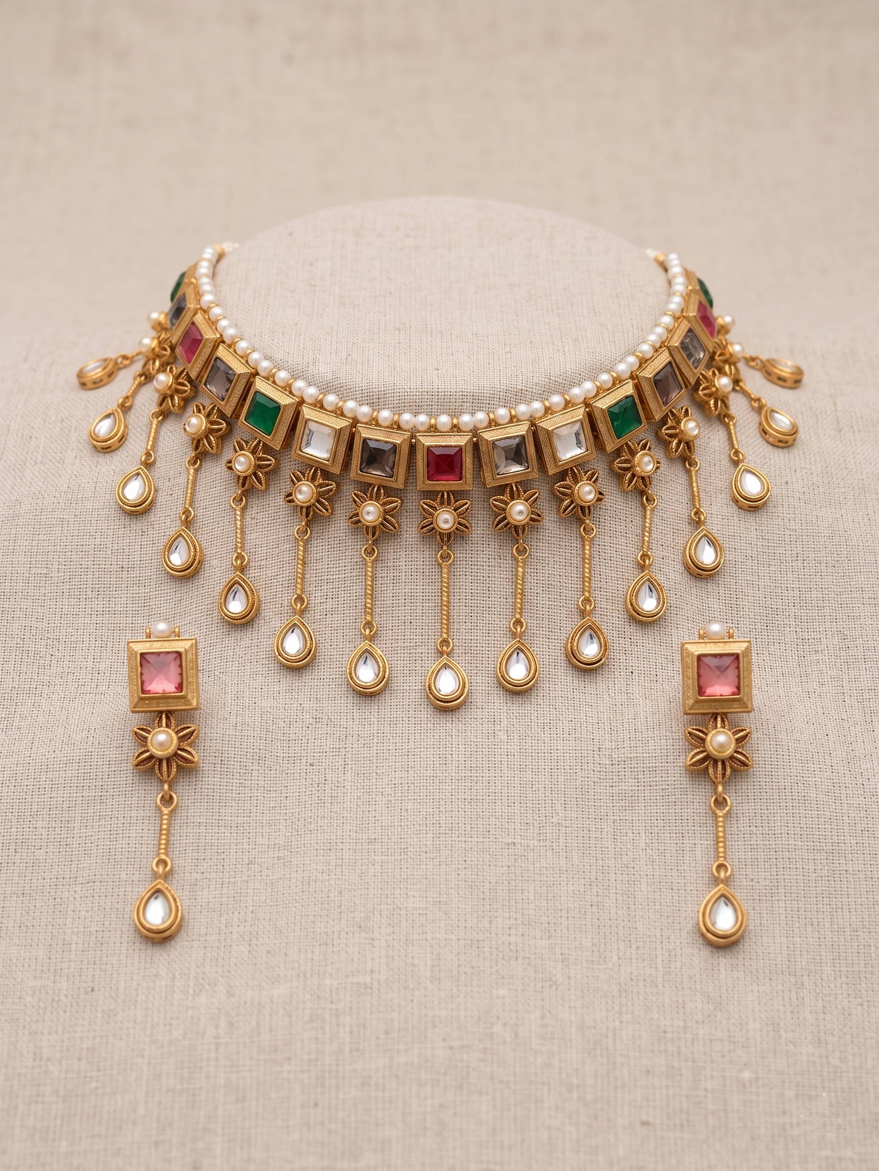 Oxidized German silver-look Amrapali neckpiece with a sturdy choker frame and adjustable black thread closure