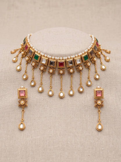 Oxidized German silver-look Amrapali neckpiece with a sturdy choker frame and adjustable black thread closure