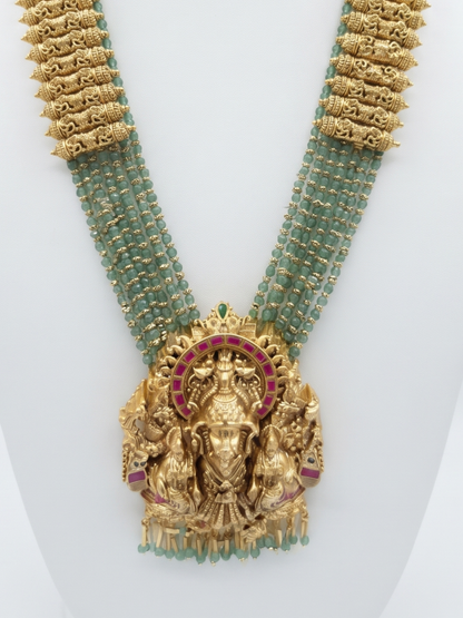 Handcrafted Temple Jewellery Long Necklace Lord Ganesha Motif & Green Beads