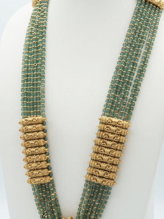 Handcrafted Temple Jewellery Long Necklace Lord Ganesha Motif & Green Beads
