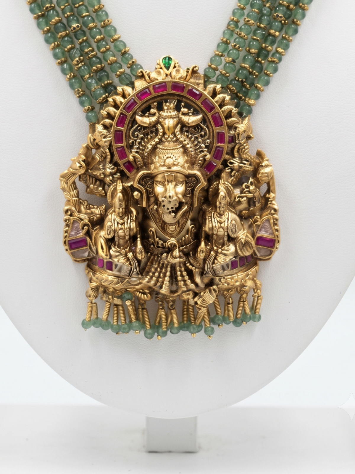 Handcrafted Temple Jewellery Long Necklace Lord Ganesha Motif & Green Beads