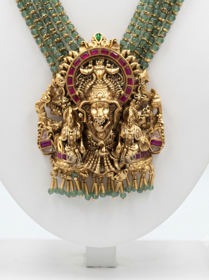 Handcrafted Temple Jewellery Long Necklace Lord Ganesha Motif & Green Beads