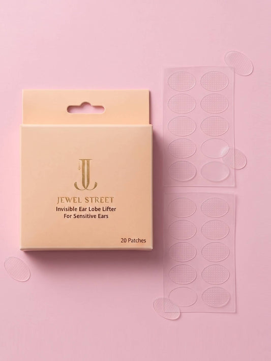 Jewel Street invisible ear lobe lifter packaging on a pink background