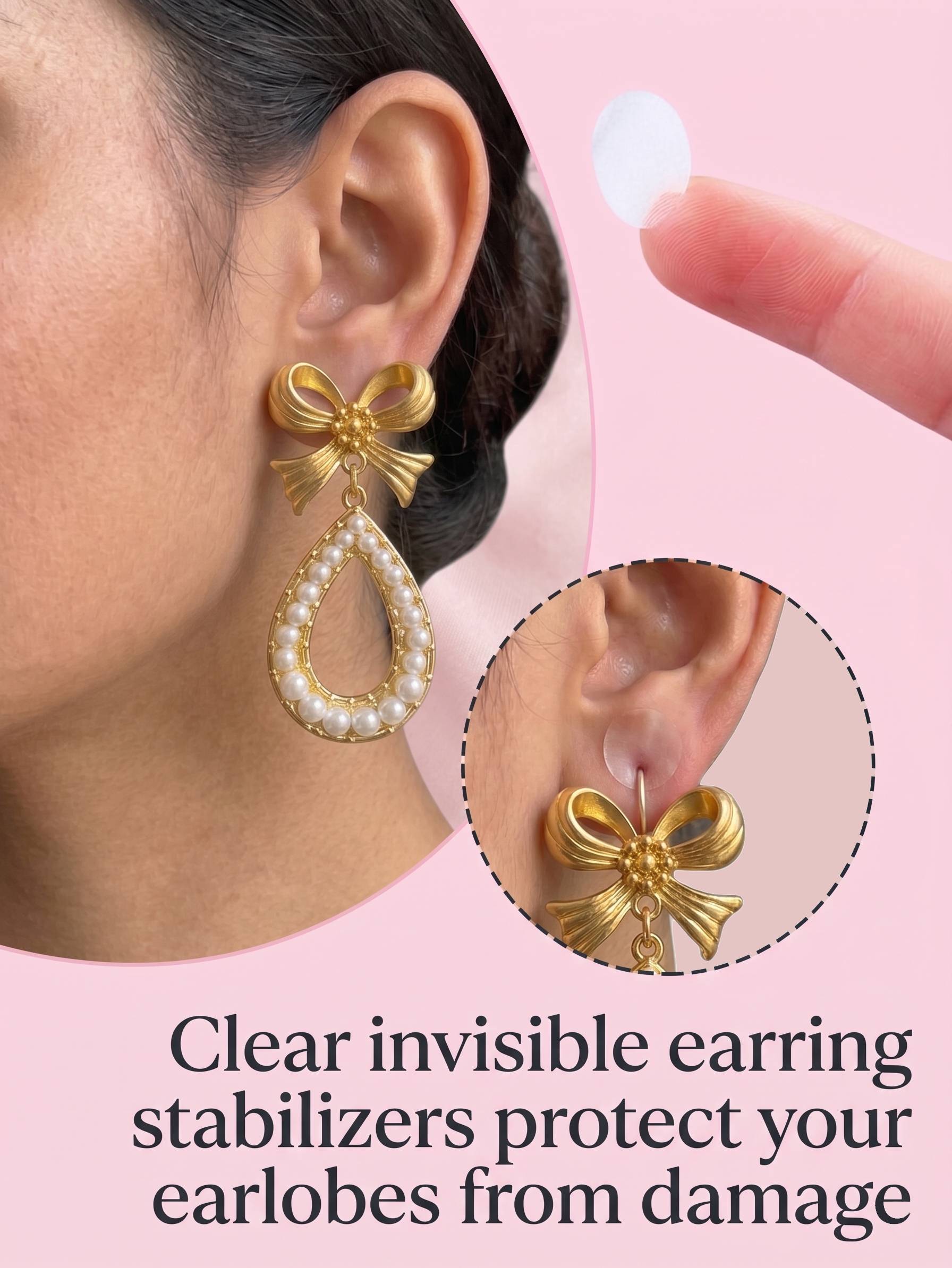Gold bow-shaped earrings with pearl details worn by a person, on a pink background.