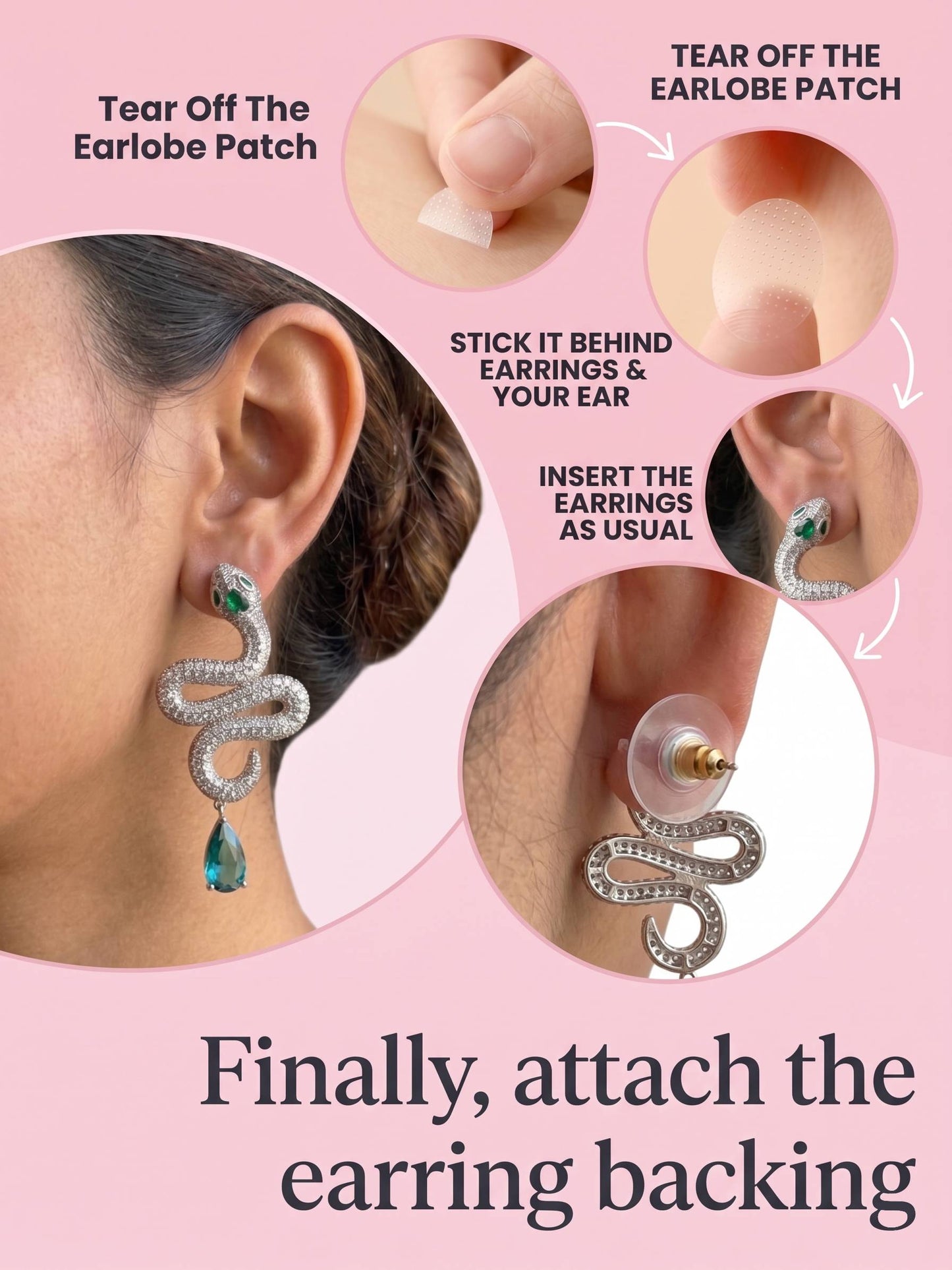 Instructions for attaching earrings with a pink background
