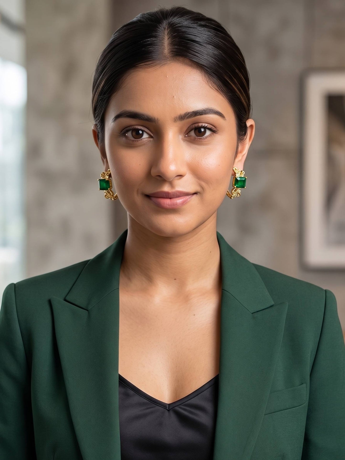 Woman wearing a green blazer and emerald green earrings indoors.