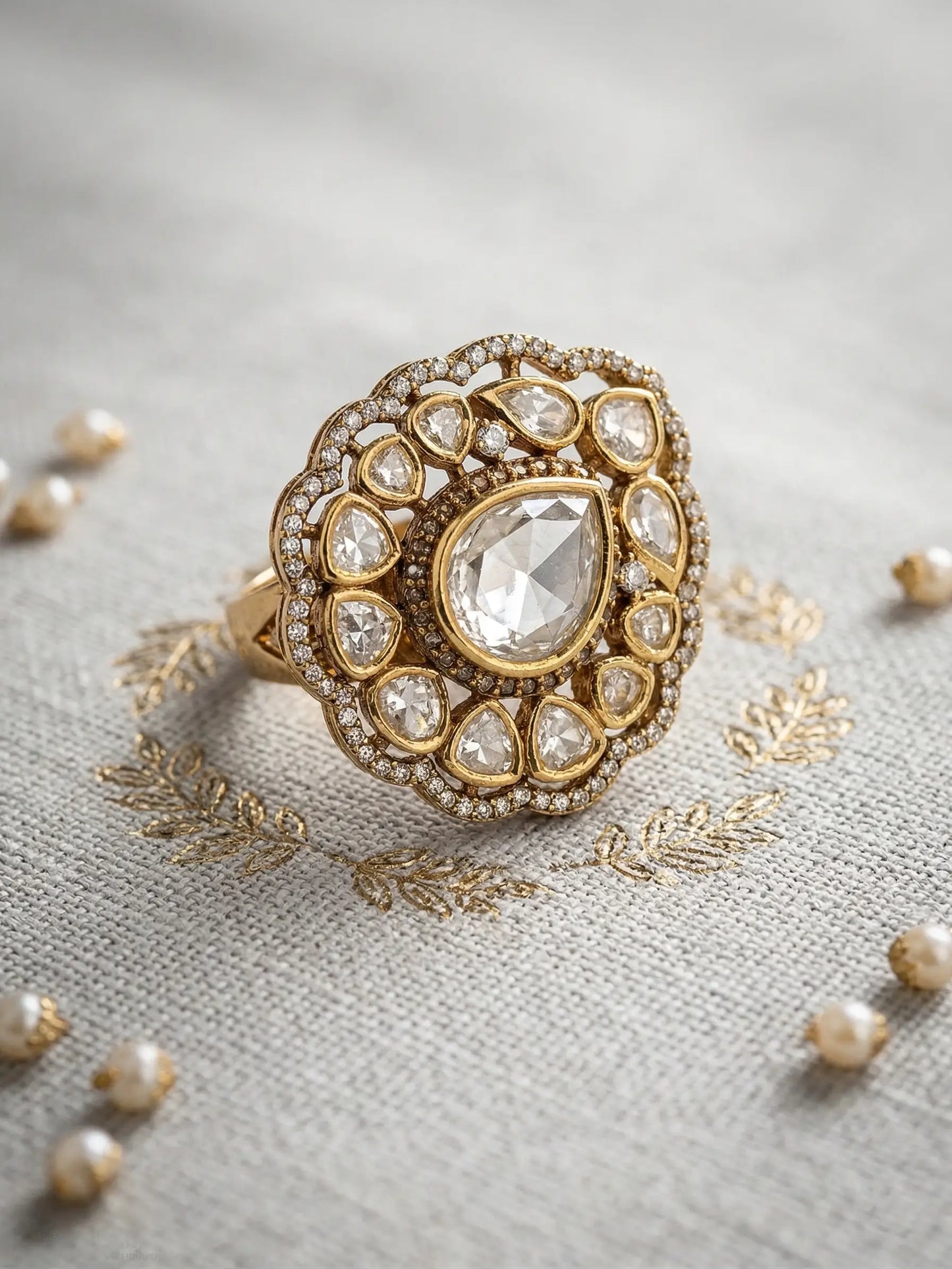 Functional adjustable rings for women showing the secure back closure and 8.66g gold-tone finish of a Polki stone ring.