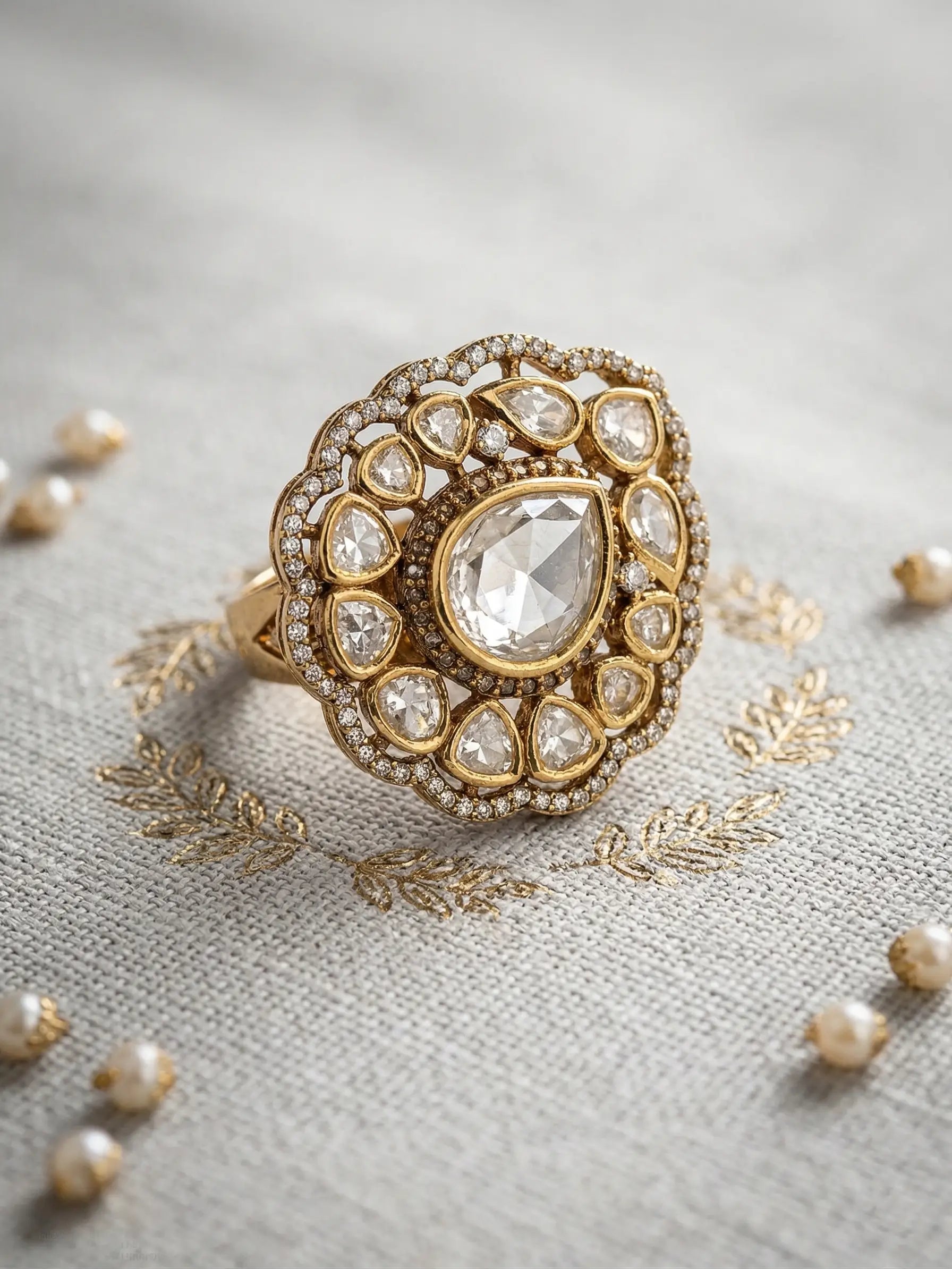 Functional adjustable rings for women showing the secure back closure and 8.66g gold-tone finish of a Polki stone ring.