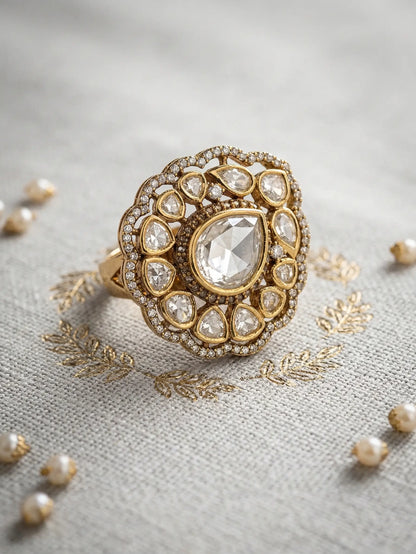Functional adjustable rings for women showing the secure back closure and 8.66g gold-tone finish of a Polki stone ring.