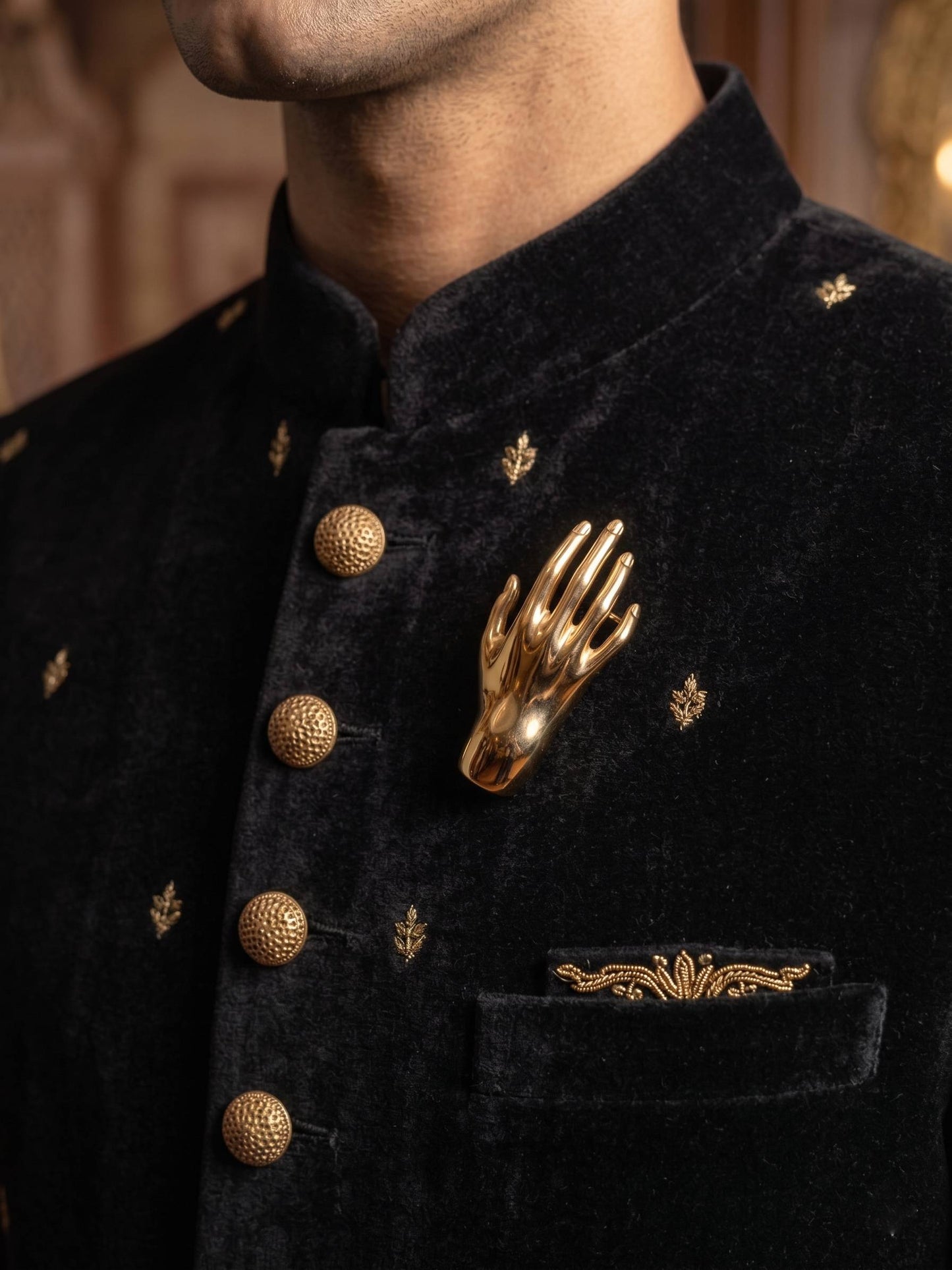 golden hand design brooch for men women