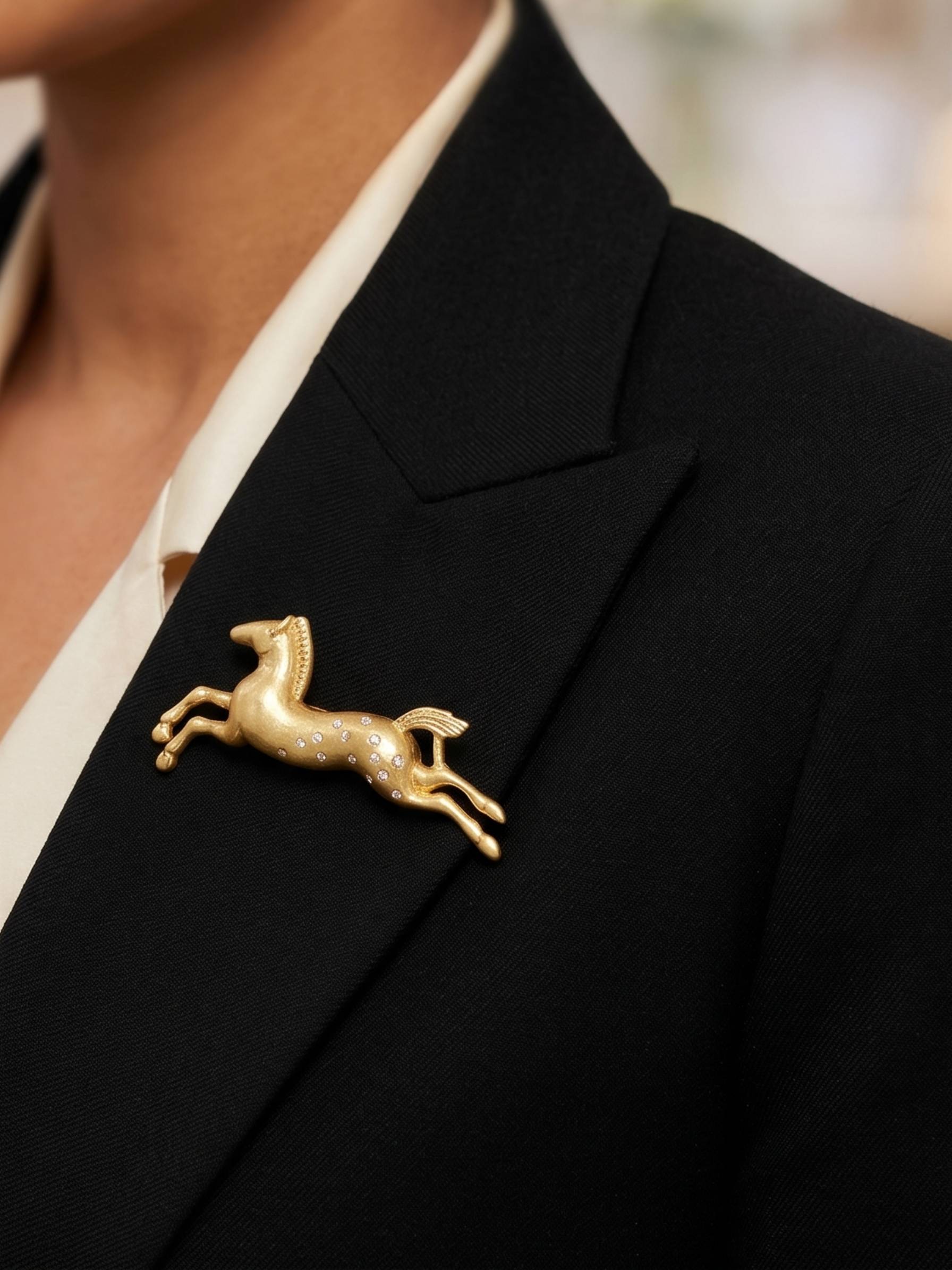 Gold horse-shaped brooch with embedded stones on a white background