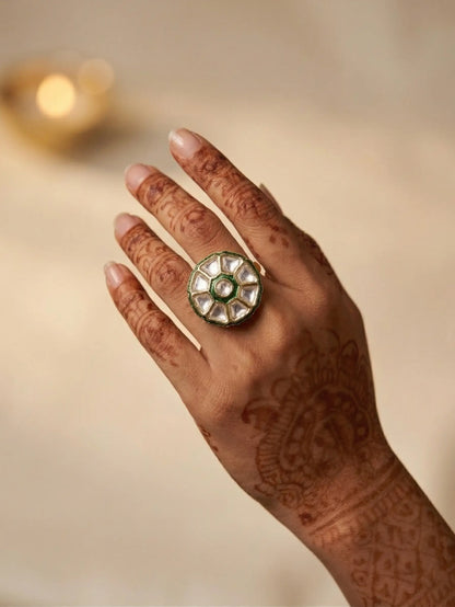 Traditional ladies rings styled on a female model's finger for an ethnic fashion look