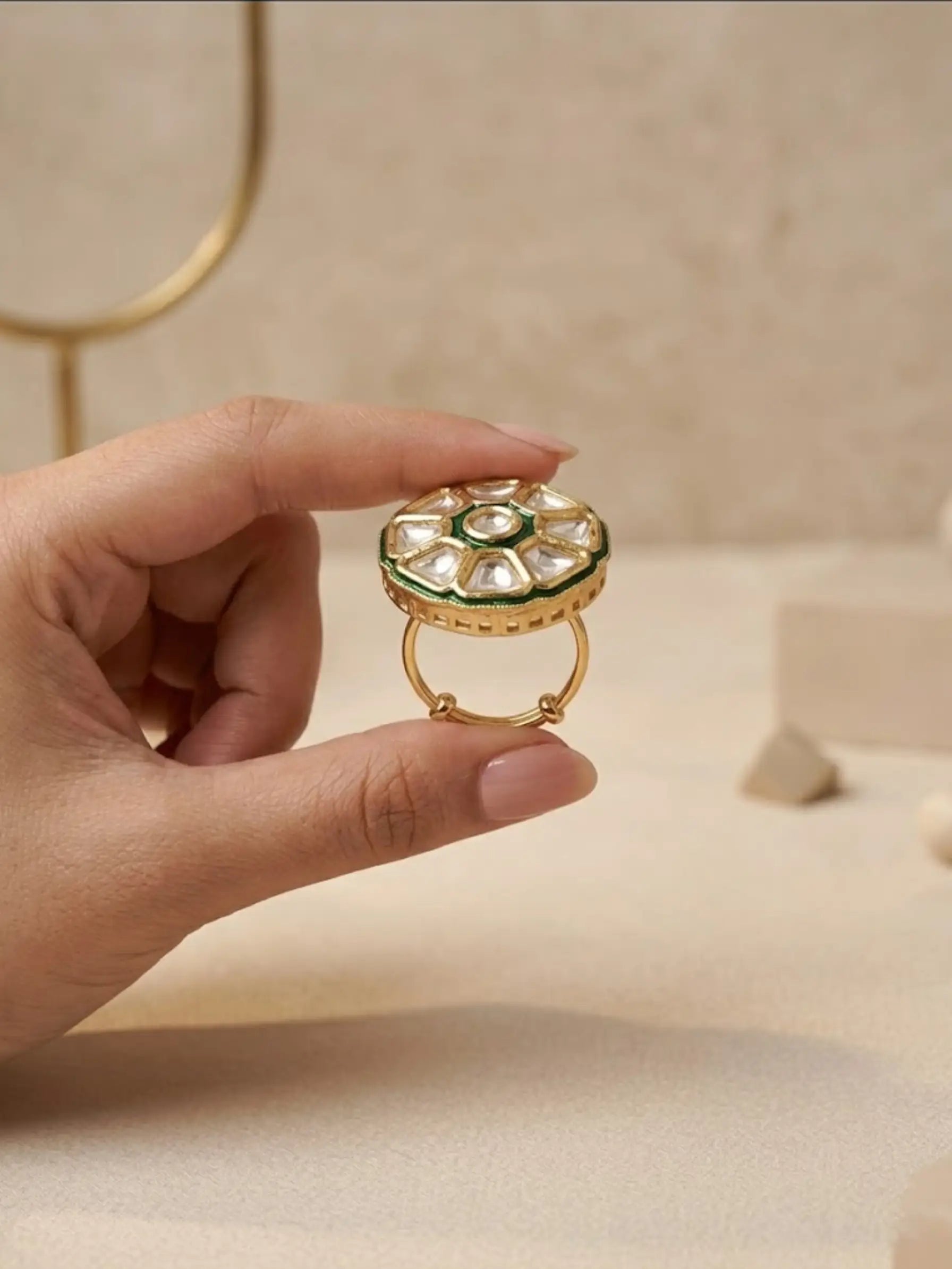 Intricate stone rings for women displayed on a hand with beautiful traditional mehndi