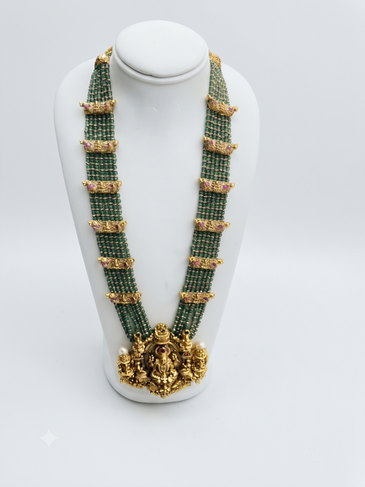 Traditional Temple Gold-Plated Long Haram Set with Green Beads & Ruby Stones | Antique Indian Ethnic Jewelry