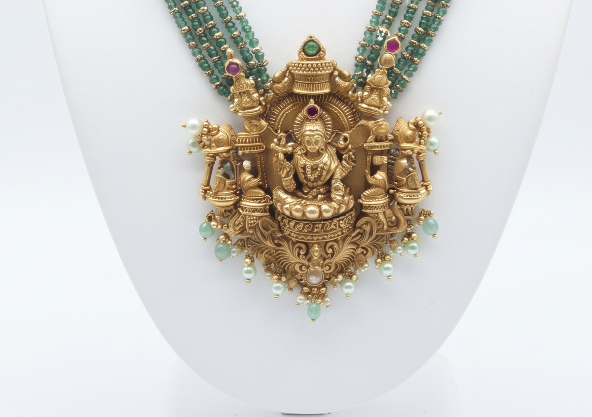 Traditional Temple Gold-Plated Long Haram Set with Green Beads & Ruby Stones | Antique Indian Ethnic Jewelry