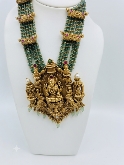 Traditional Temple Gold-Plated Long Haram Set with Green Beads & Ruby Stones | Antique Indian Ethnic Jewelry