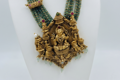 Traditional Temple Gold-Plated Long Haram Set with Green Beads & Ruby Stones | Antique Indian Ethnic Jewelry