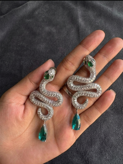 Elegant snake earrings for women with green and blue crystals
