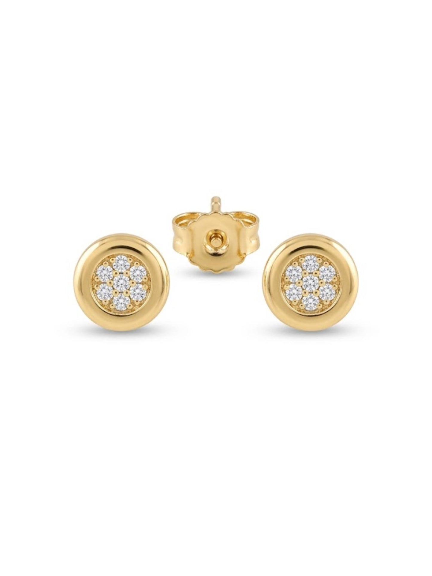 Gold earrings with diamond accents on a white background