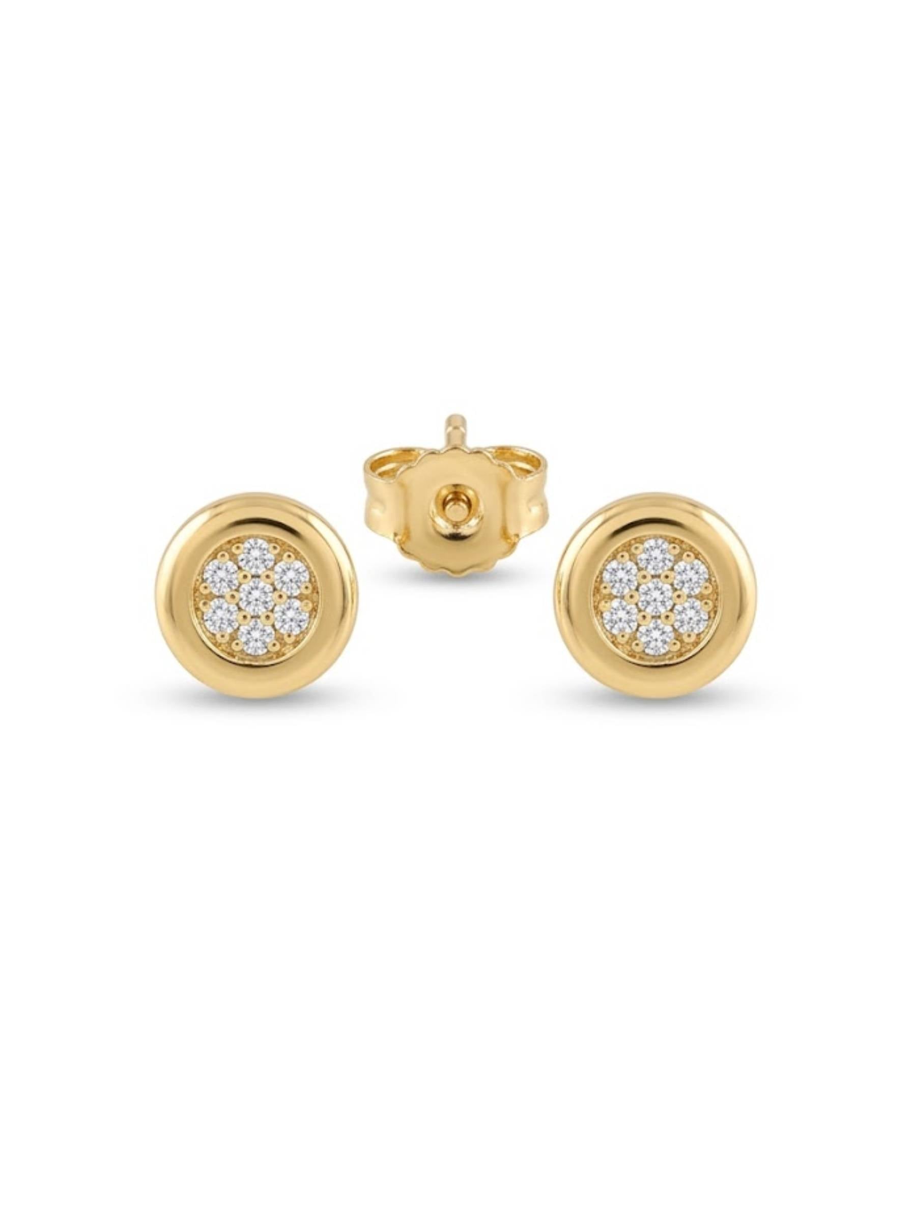 Gold earrings with diamond accents on a white background