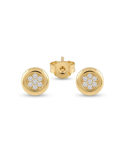 Gold earrings with diamond accents on a white background