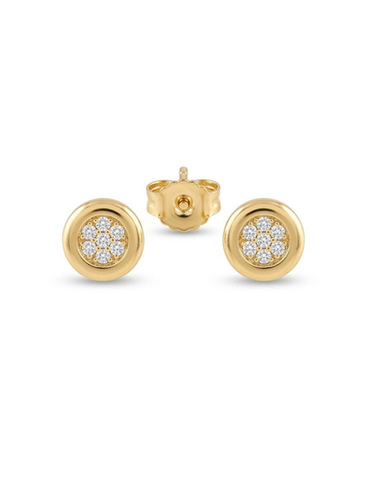 Gold earrings with diamond accents on a white background