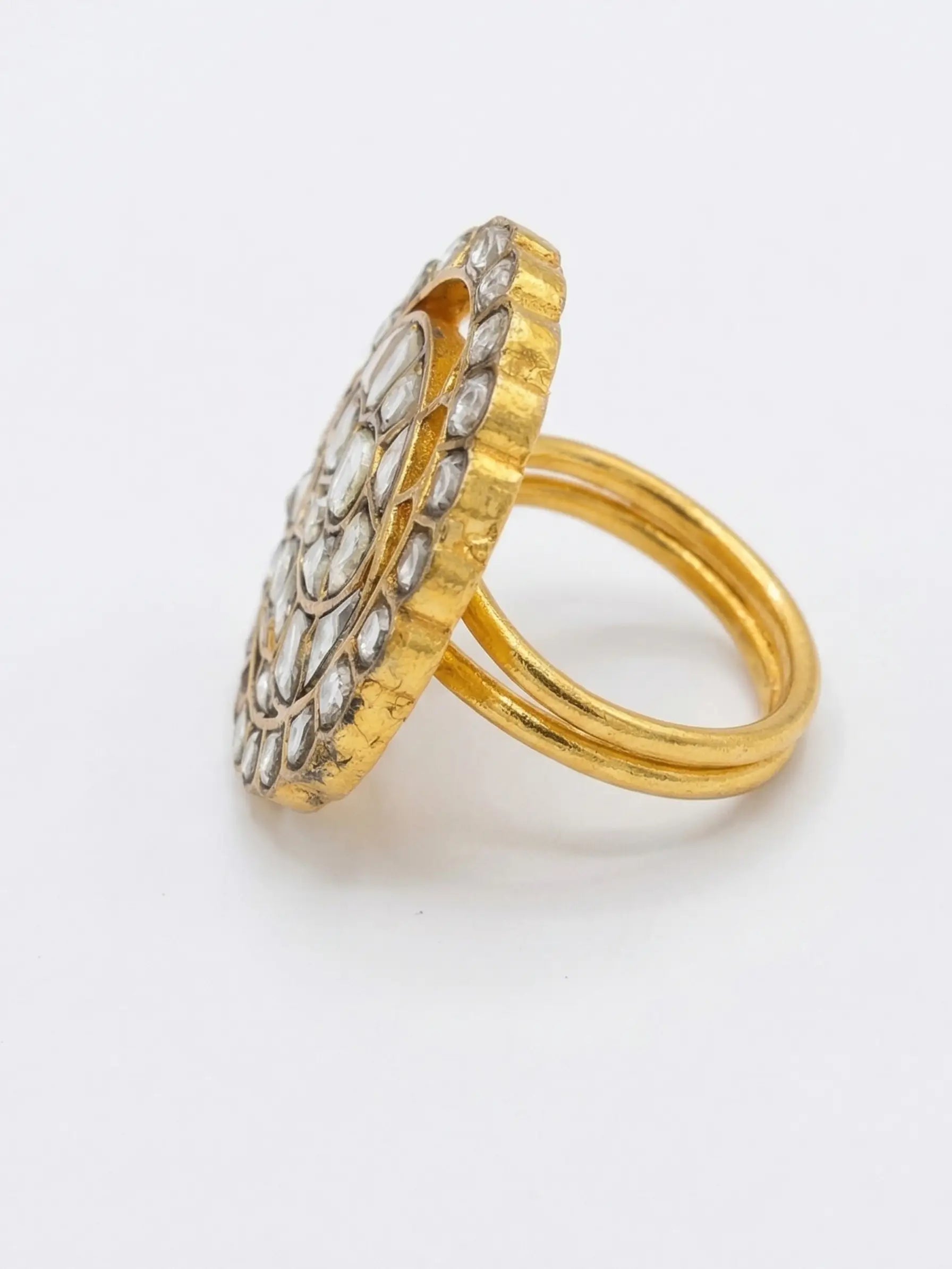 Large circular cocktail ring for women with clear polki stones, ideal for wedding and festive fashion
