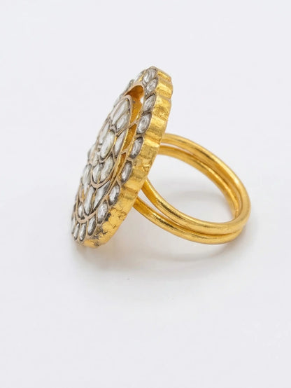 Large circular cocktail ring for women with clear polki stones, ideal for wedding and festive fashion
