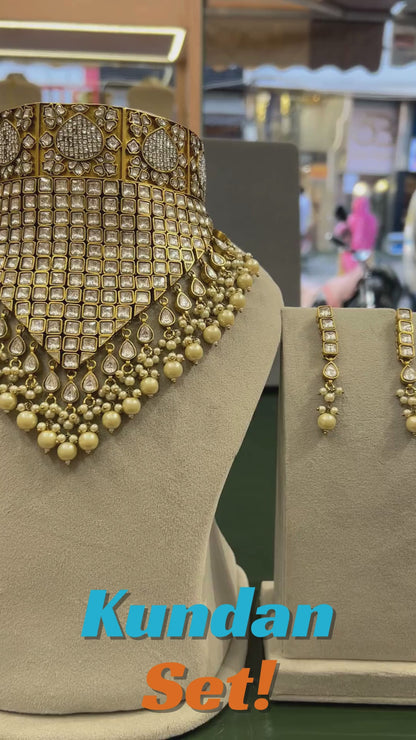 Royal Polki & Kundan Statement Choker Necklace with Pearl Droplets