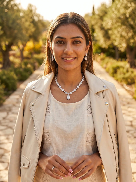 Woman wearing a beige coat and white top with jewelry, standing outdoors.