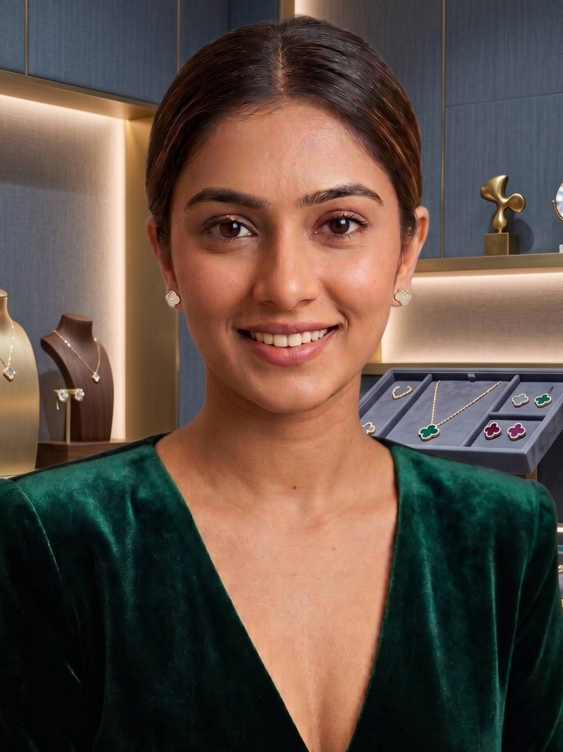 Woman wearing earrings with jewelry display in the background