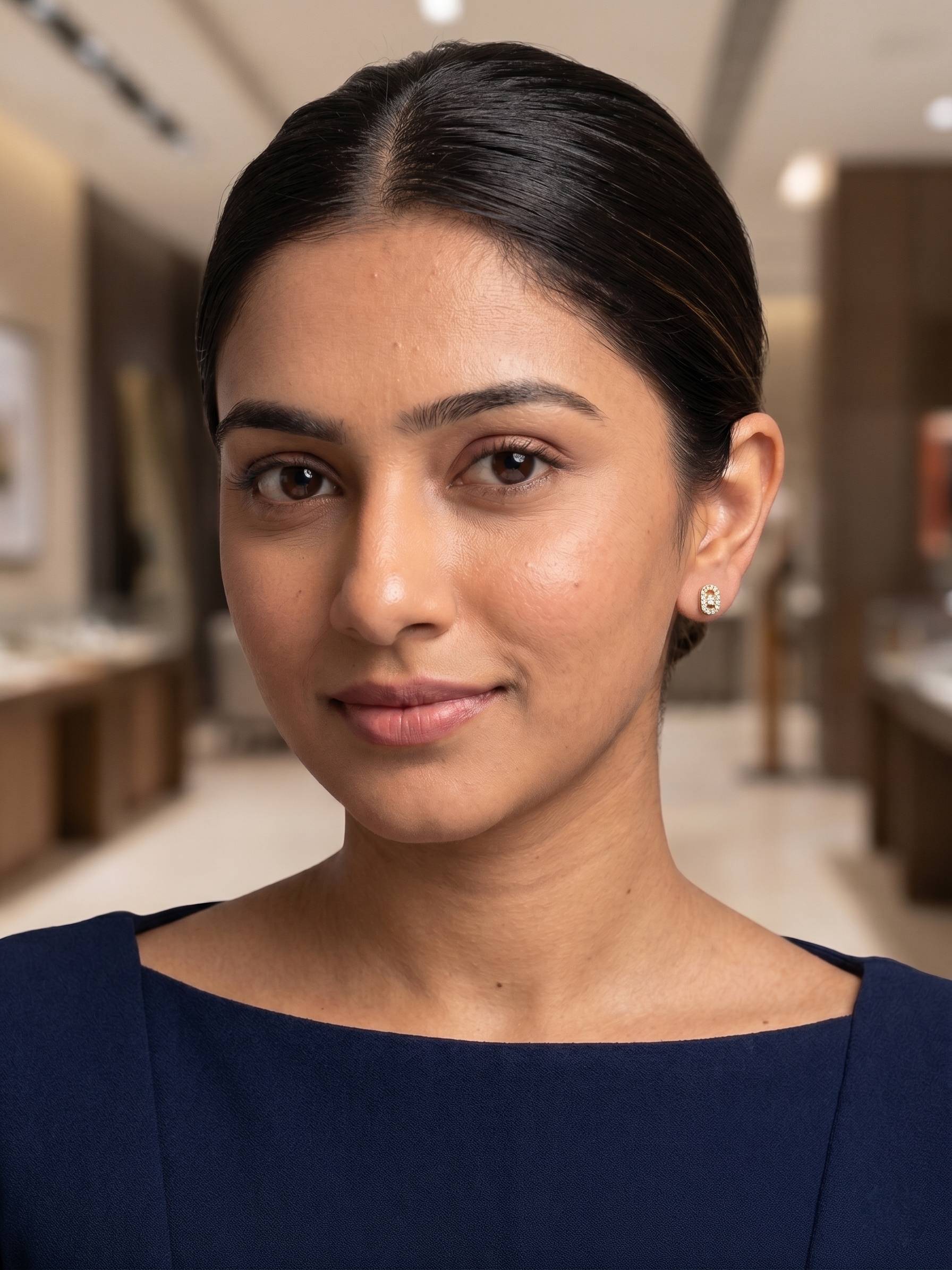 Woman wearing earrings in a blurred interior setting