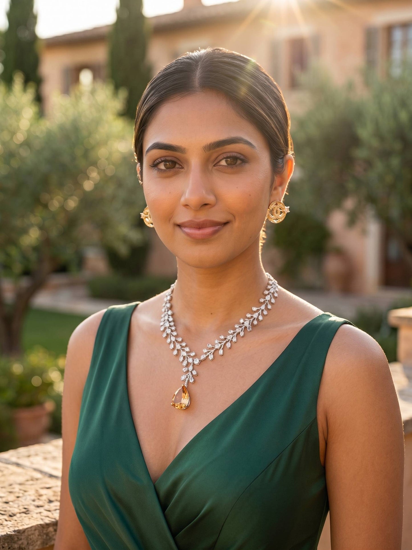 Woman in a green dress with jewelry outdoors