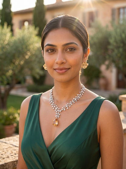 Woman in a green dress with jewelry outdoors