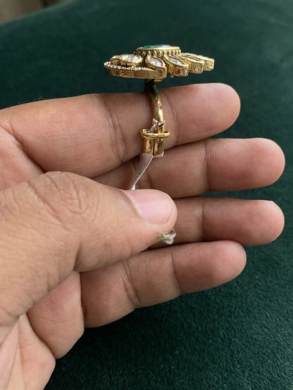 Premium green stone and kundan adjustable ring for women